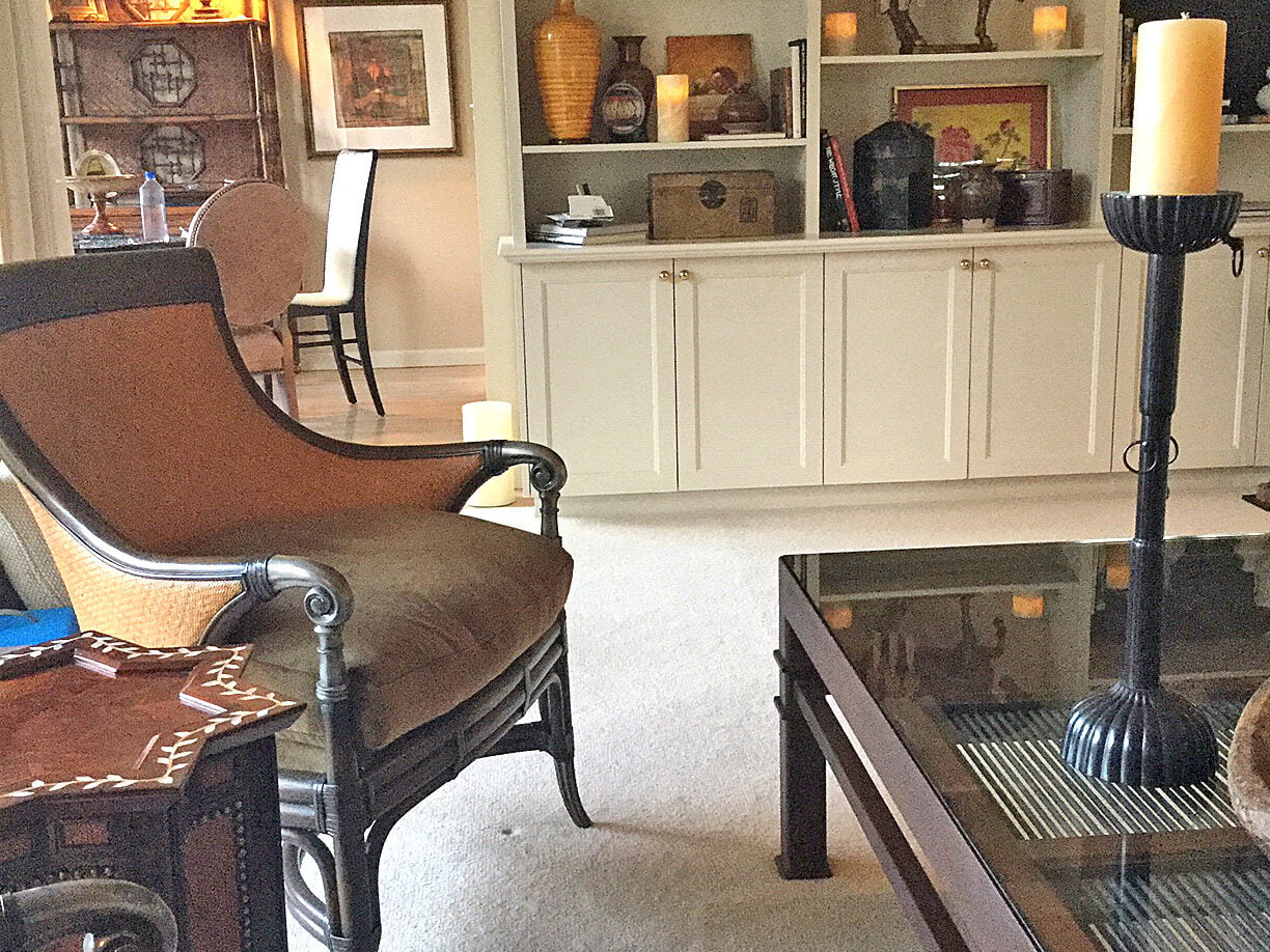 Marin County Condo Redesign Living Room with Bookcase